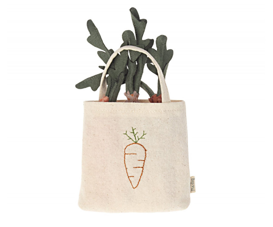 Maileg – Morötter i tygpåse med handtag, leksaksmat i bärkasse / shoppingpåse