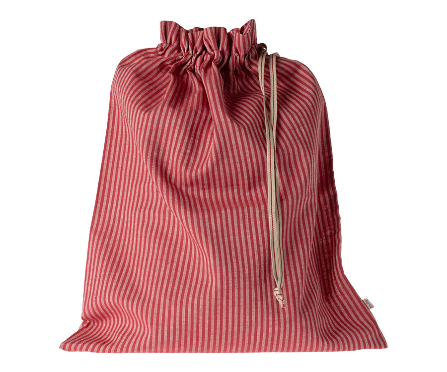 Maileg – Tygpåse randig i linne, påse med röda ränder och beige snöre
