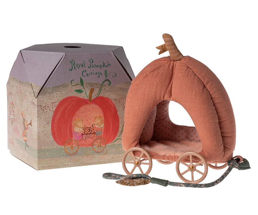 Maileg – Pumpavagn, vagn för möss, rosa pumpa med hjul och snöre för mus