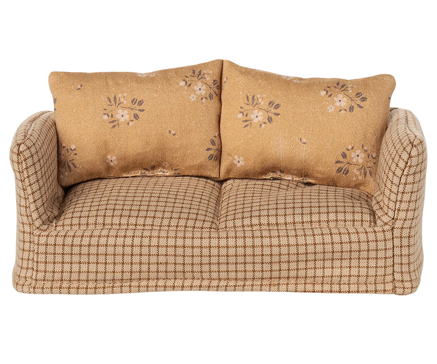 Maileg – Soffa till möss, rutig gul och brun med blommiga kuddar, FÖRBESTÄLLNING