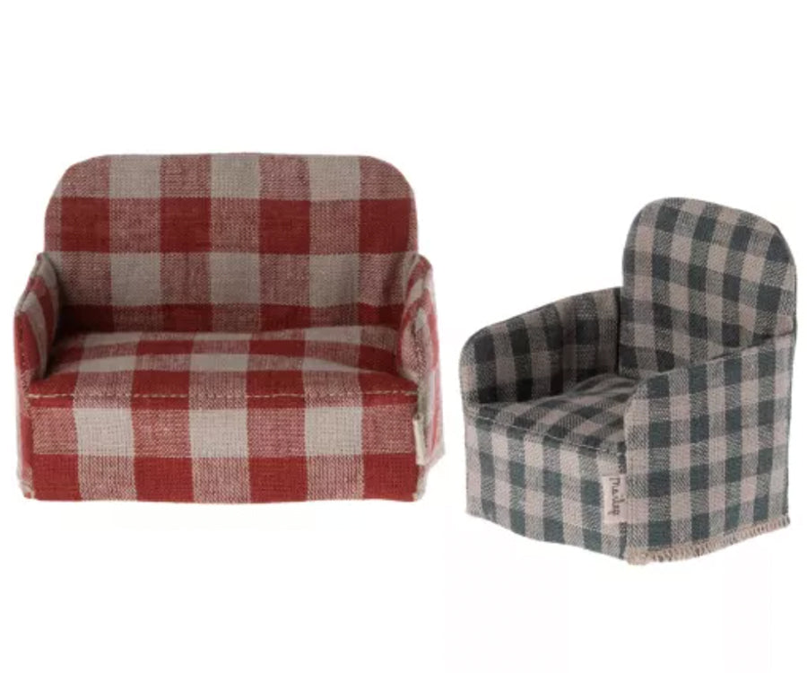 Maileg - Miniature checkered sofa for mice, red and white