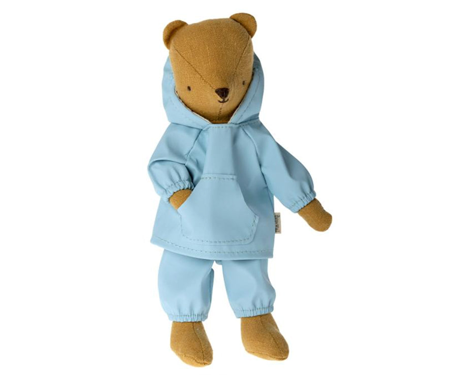 Maileg – Regnkläder till teddy junior med byxor och jacka med huva, kläder för björn, blått regnset
