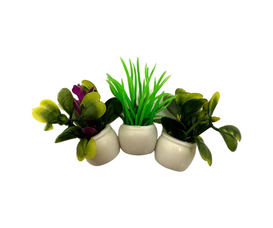 Miniatyr – 3 st små blommor i vit kruka till dockhus