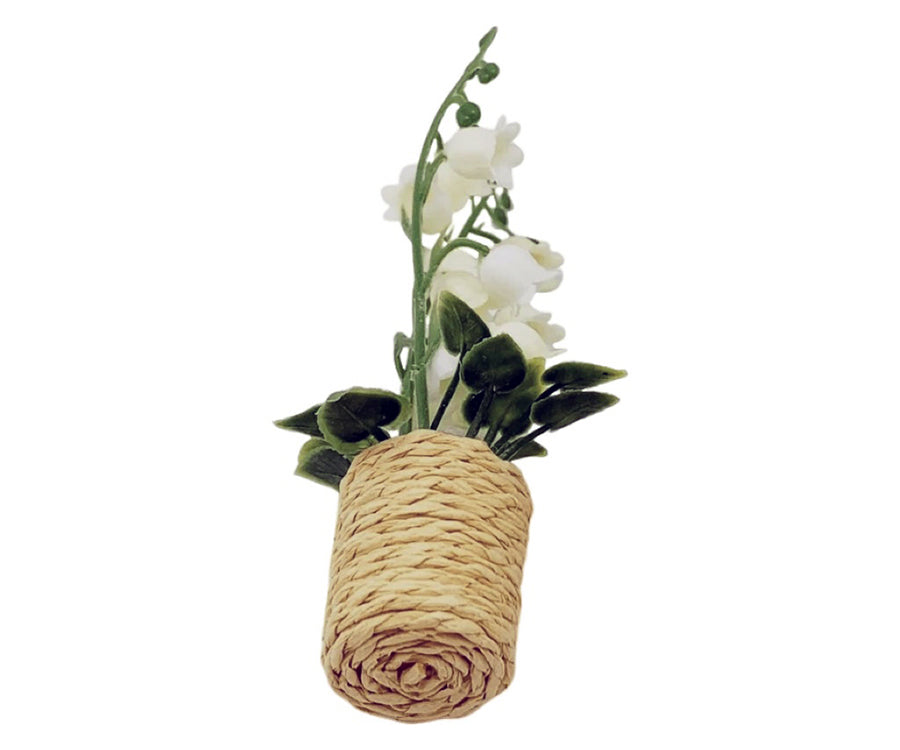 Miniatyr – Vit blomma med gröna blad i kruka för dockhus, krukväxt