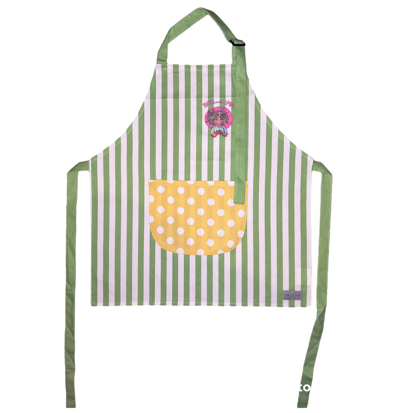 Bake with Alma – Apron, striped green and white with yellow pocket