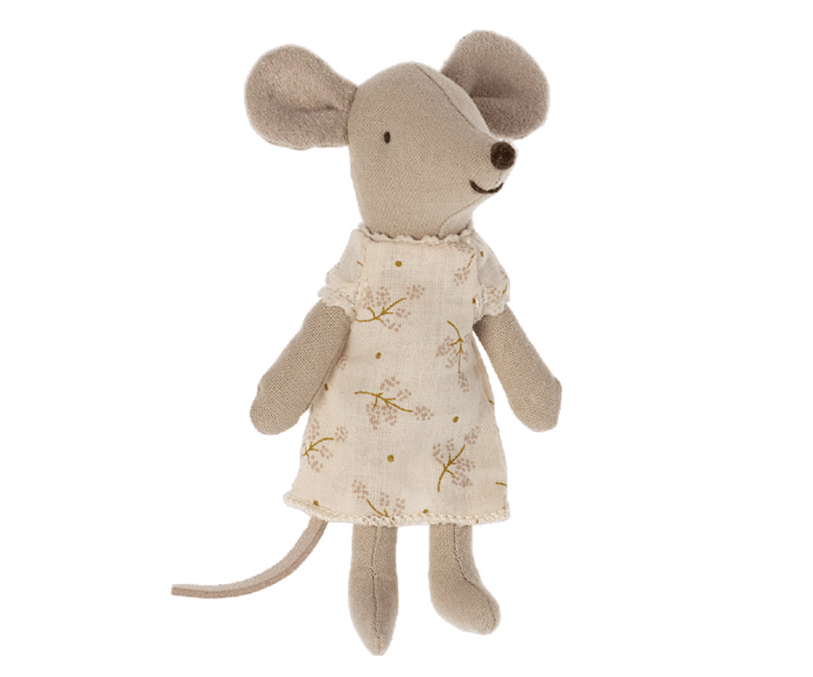 Maileg – Nattlinne rosa med blommor, lillasyster mus