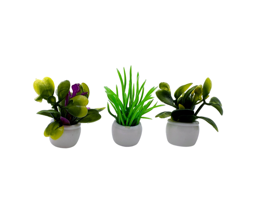 Miniatyr – 3 st små blommor i vit kruka till dockhus