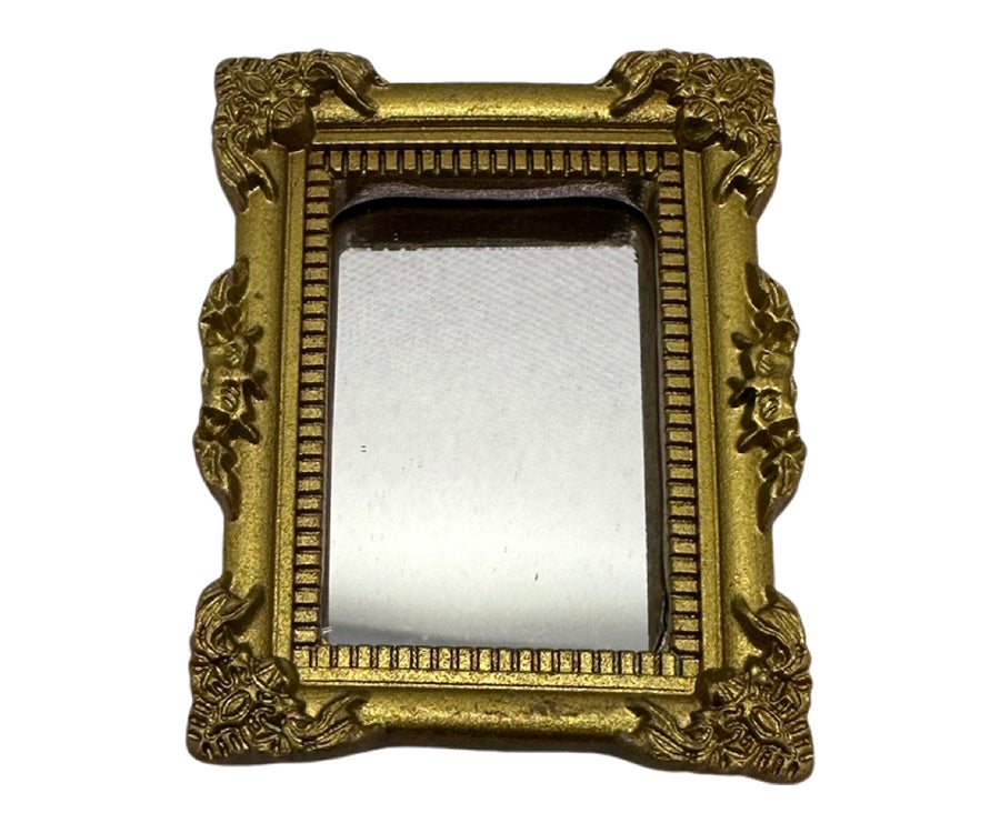 Miniatyr – Liten vintage spegel guld, dekoration till dockhus