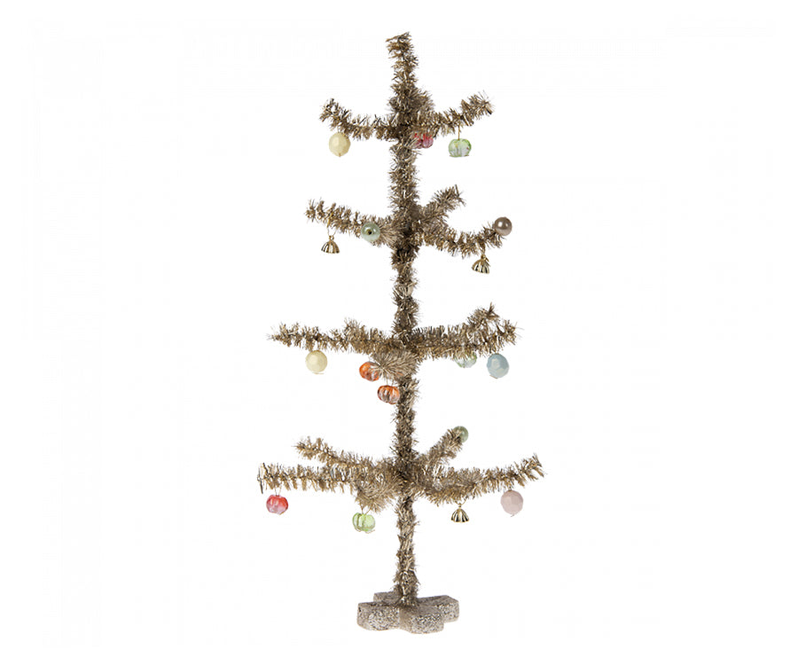 Maileg – Julgran i guld, miniatyr gran med julkulor och fot till dockhus