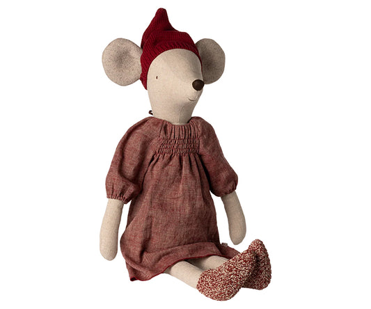 Maileg – Stor mus maxi flicka julmus, vintermus med klänning, strumpor och tomteluva