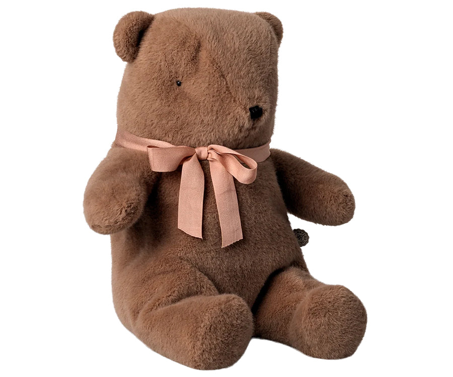 Maileg – Nallebjörn brun i plysch, storlek medium, nalle soft brun med rosa rosett