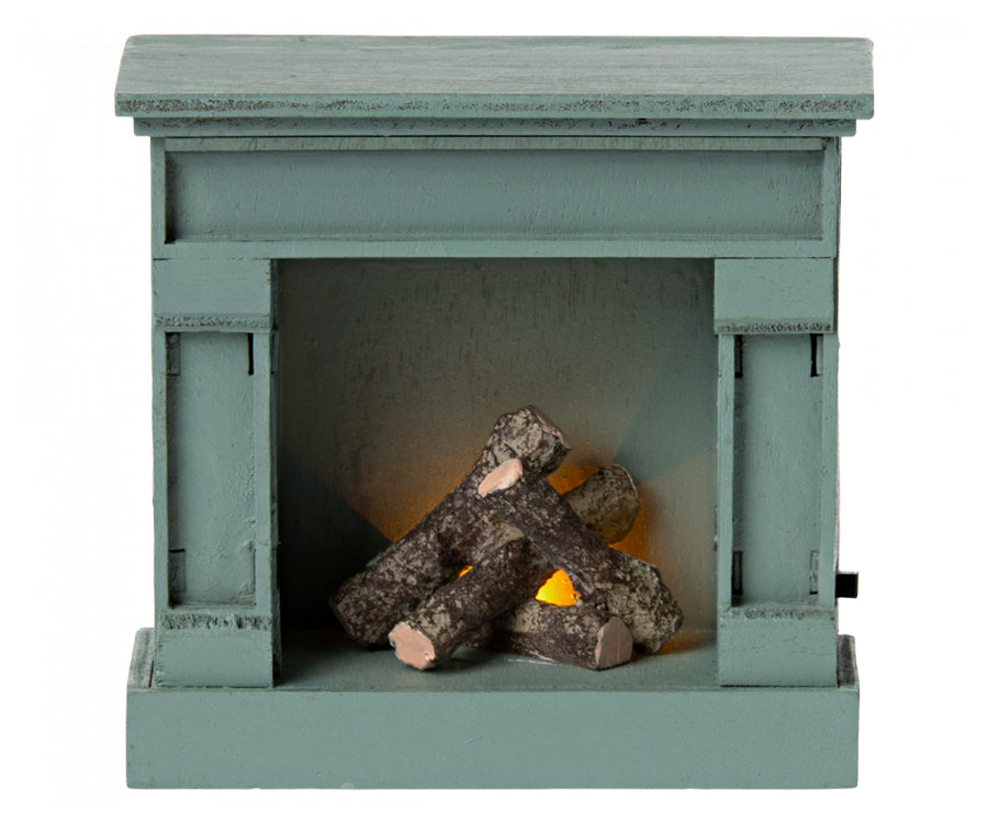 Maileg – Öppen spis med ljus, mindre kamin, vintage blå