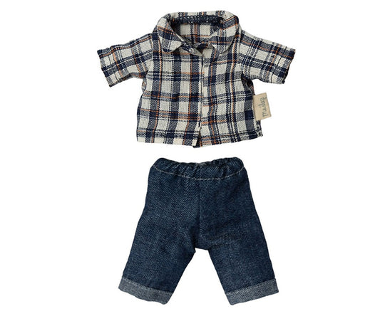 Maileg – Kläder till pappa mus, rutig skjorta och byxor, jeans