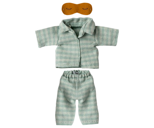Maileg – Pyjamas för pappa mus i mint / sand, rutig skjorta och byxor med ögonmask