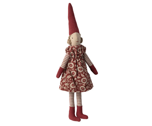 Maileg – Pixy tomte flicka nr 2 storlek 1, tomteflicka i klänning och tomteluva