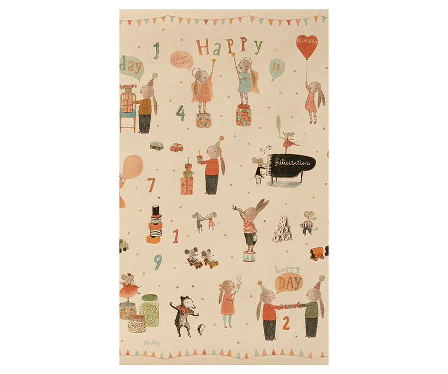 Maileg – Presentpapper med motiv möss, kaniner och djur, inslagspapper "Happy day" till presenter, 10 meter