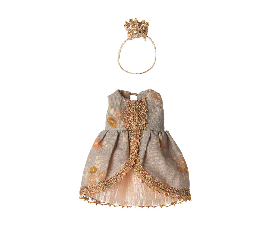 Maileg – Kläder till prinsessa storasyster mus, klänning och guldig krona