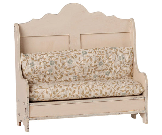 Maileg – Bänk vintage till möss, kökssoffa sandfärgad för mus, soffa i trä med blommig sits