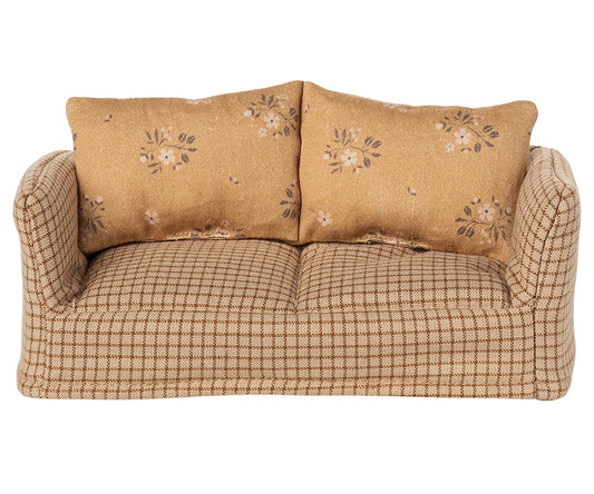 Maileg – Soffa till möss, rutig gul och brun med blommiga kuddar