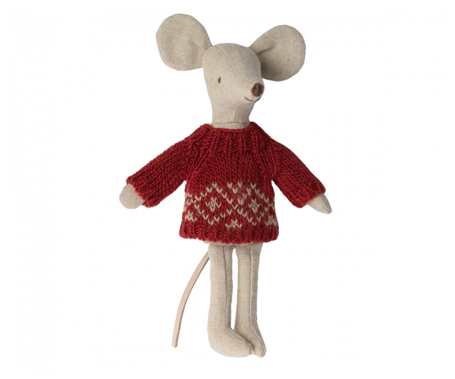 Maileg – Stickad tröja, kläder för mamma mus, virkad röd kofta jul