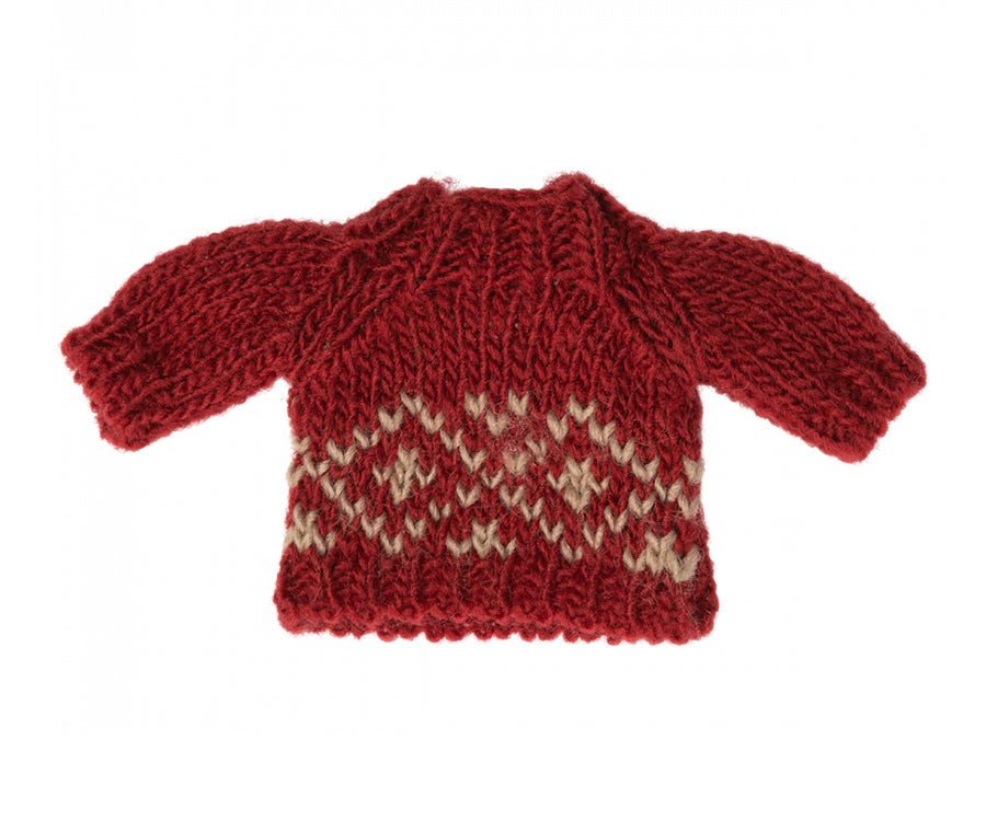 Maileg – Stickad tröja, kläder för mamma mus, virkad röd kofta jul