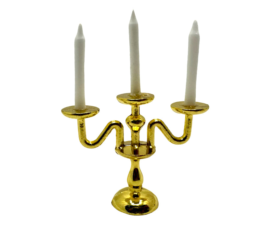 Miniatyr – Guldig ljusstake, ljushållare med ljus i guld för dockhus