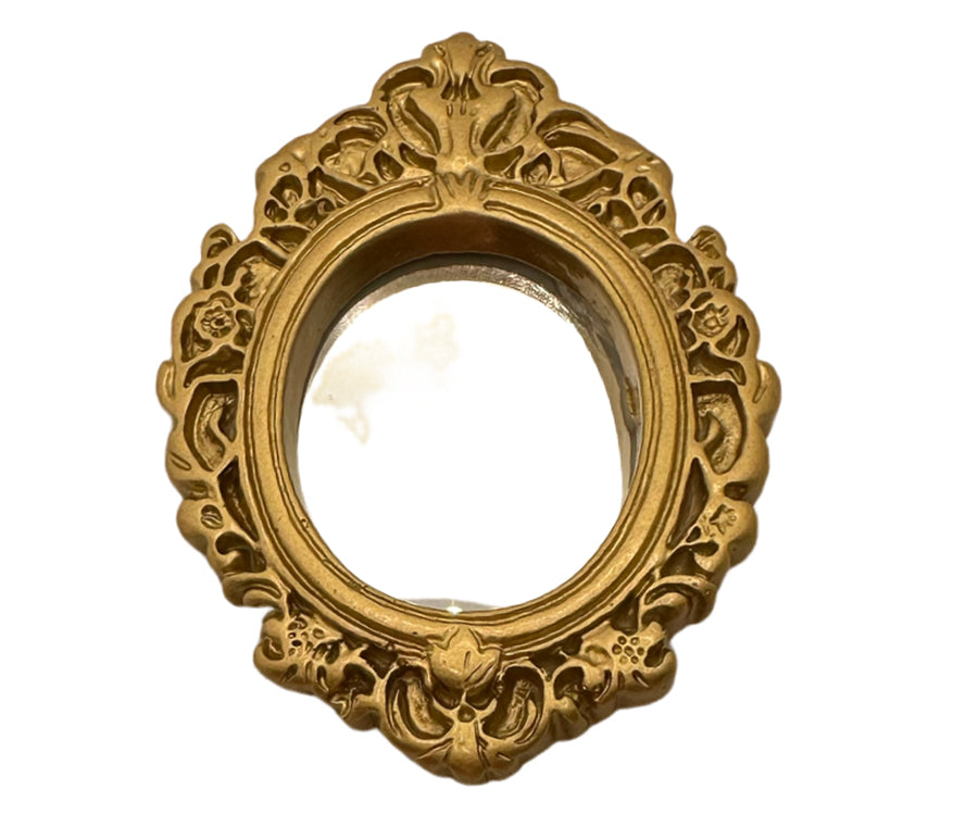 Miniatyr – Spegel i guld till dockhus, oval guldspegel