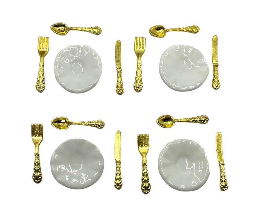 Miniatyr – Vita tallrikar och guldiga bestik, servis med 4 st av varje, för dockhus