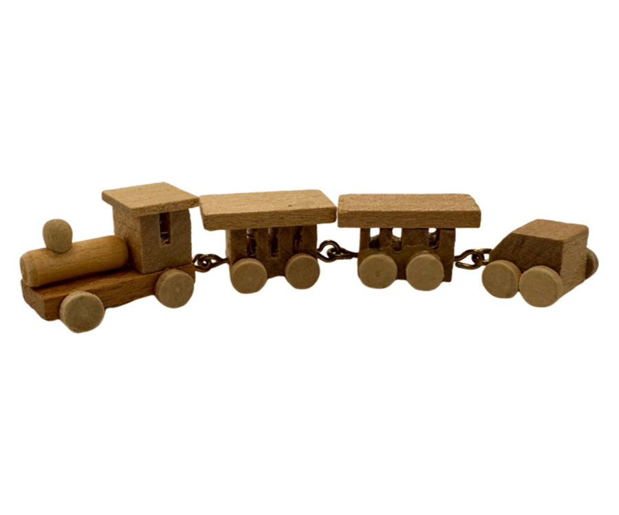Miniatyr – Tåg med tågvagnar, leksak i trä, dekoration till dockhus