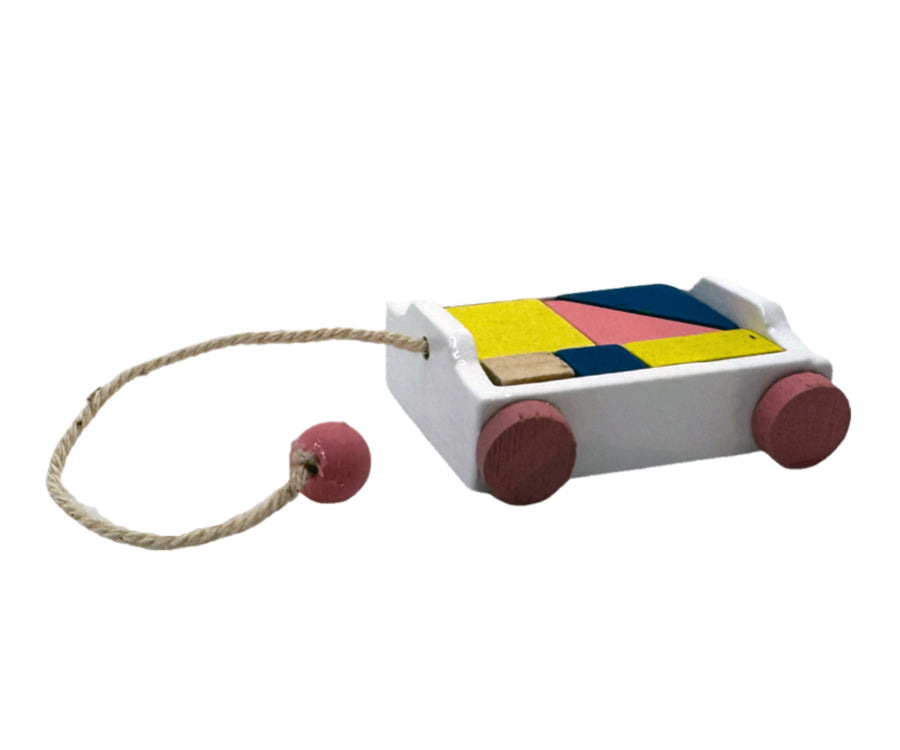 Miniatyr – Vagn med klossar och snöre, leksak för dockor och dockhus