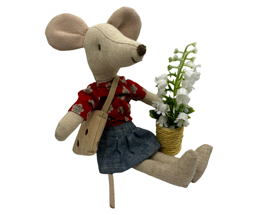 Miniatyr – Vit blomma med gröna blad i kruka för dockhus, krukväxt