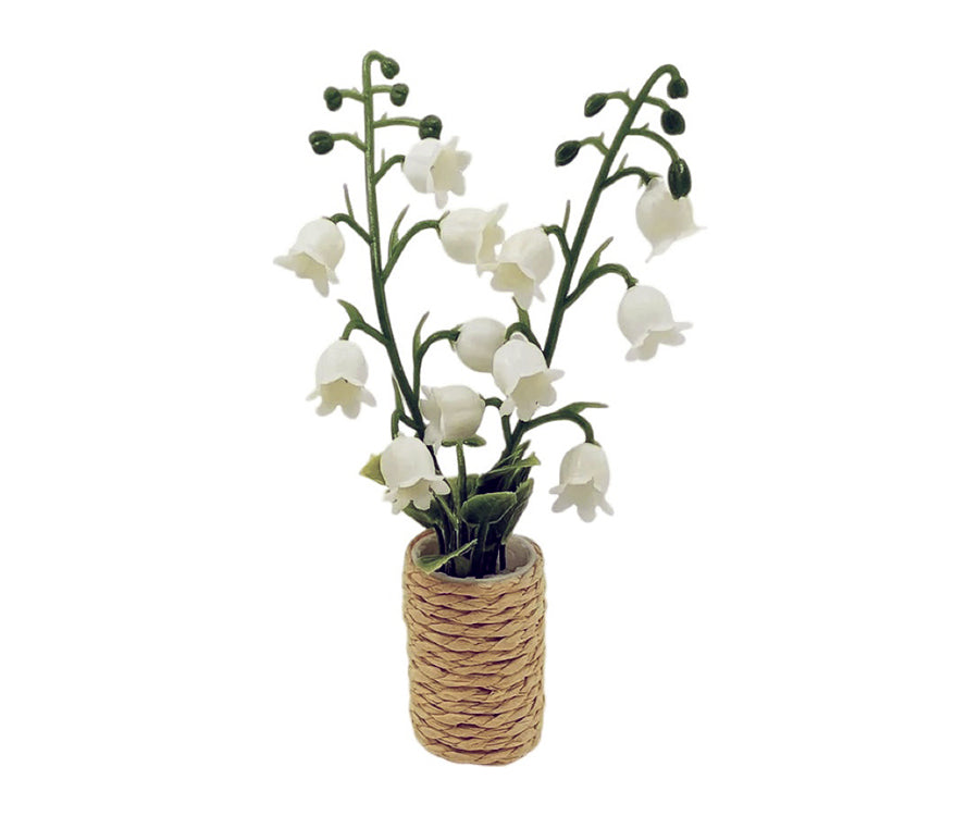 Miniatyr – Vit blomma med gröna blad i kruka för dockhus, krukväxt