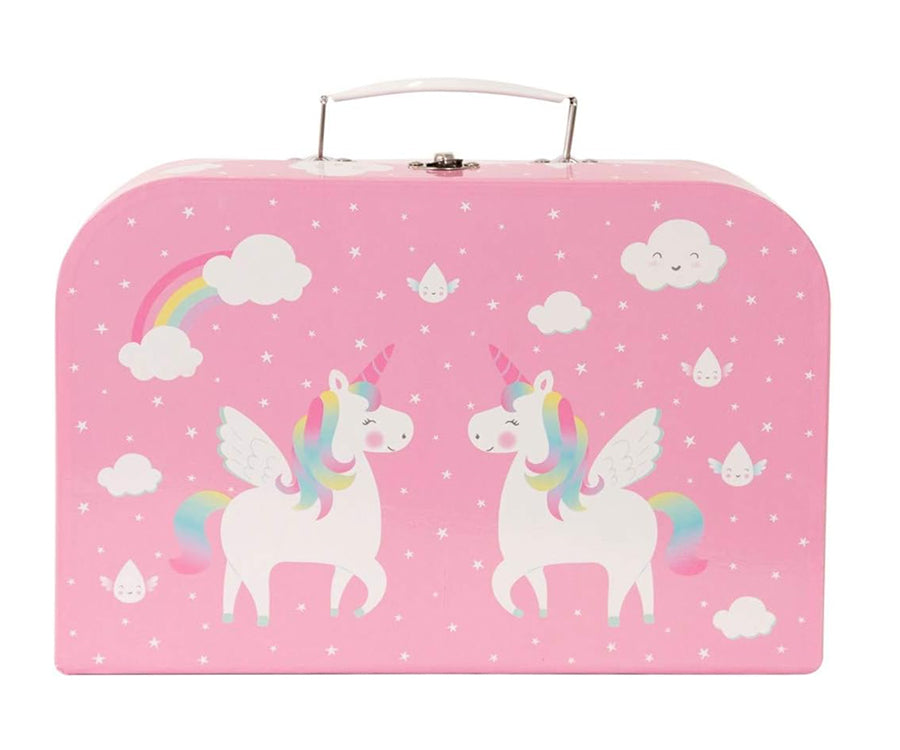 Leksaksservis i rosa väska med enhörning och regnbåge, teservis i plåt, barnservis unicorn