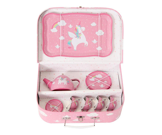 Leksaksservis i rosa väska med enhörning och regnbåge, teservis i plåt, barnservis unicorn